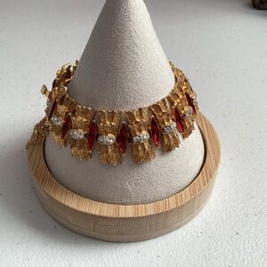 Signed Coro Gold Tone Bracelet with Red and Silver Accents